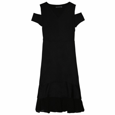 裙子女夏V领短袖鱼尾包臀连衣裙夏法式赫本风气质修身露肩小黑裙