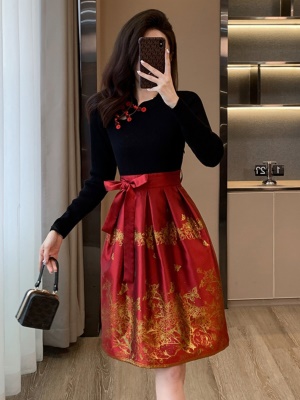 秋冬季新款中式连衣裙高级感中国风女装马面裙旗袍红色礼服裙气质