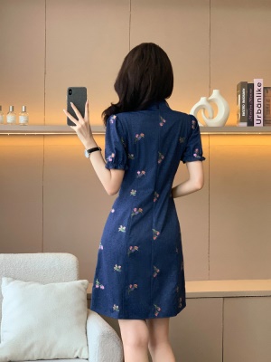 新中式国风立领盘扣改良旗袍连衣裙女小个子收腰显瘦开叉裙短裙夏