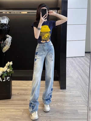 多巴胺休闲穿搭套装女夏季炸街减龄时尚洋气涂鸦牛仔阔腿裤两件套