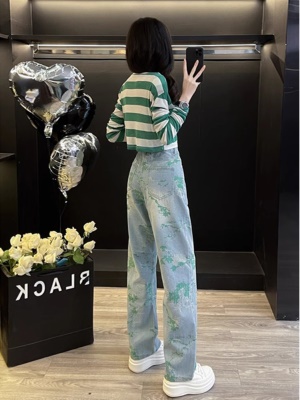 早秋新款减龄穿搭一整套时尚休闲显瘦条纹上衣牛仔裤子两件套装女