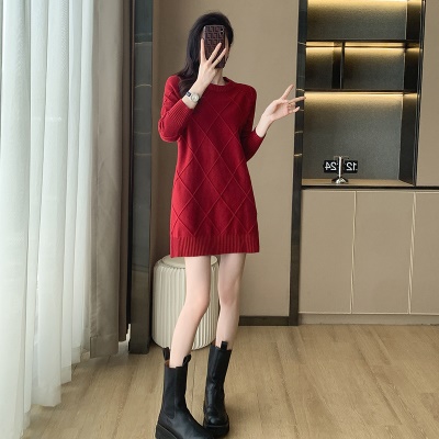 红色毛衣裙女本命年秋冬季小个子宽松针织打底连衣裙女新年圣诞款