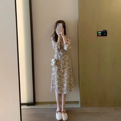 2025秋季新款法式碎花长袖连衣裙名媛小香风马甲背心两件套长裙子