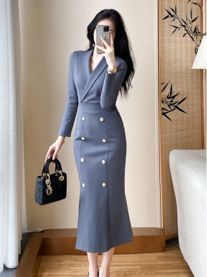 灰色通勤OL连衣裙女春季高端轻奢气质职业女神范收腰显瘦包臀长裙