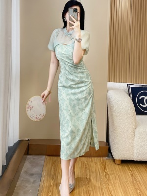 薄荷绿新中式改良旗袍风罩衫吊带裙两件套女夏季高级感开叉连衣裙