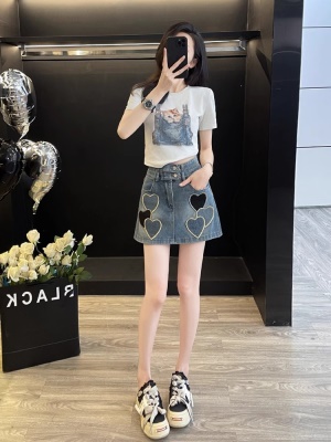 小香风减龄穿搭休闲套装女夏季时尚炸街短袖牛仔短裤裙两件套显高