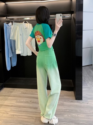多巴胺休闲时尚套装女夏季炸街绿色短袖牛仔阔腿裤两件穿搭一整套