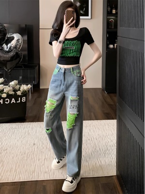 潮牌炸街休闲套装女夏新款夏季修身短袖t恤时髦破洞牛仔裤两件套