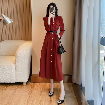 秋季新款红色连衣裙日常高级感女装气质收腰女神范长袖衬衫长裙子