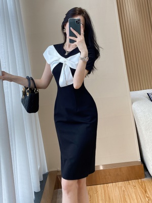 夏2025新款气质礼服连衣裙蝴蝶结修身收腰显瘦黑色包臀短裙小个子