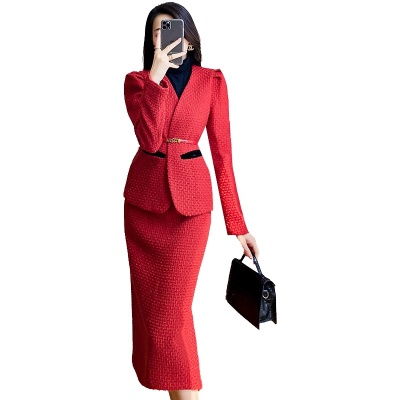 小香风套装2025秋冬新款女装红色礼服裙名媛气质轻奢半身裙两件套