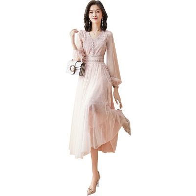 网纱连衣裙长袖2025初秋新款女法式显瘦高端气质收腰长款裙子秋装