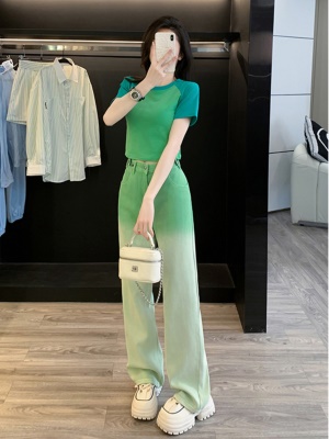 多巴胺休闲时尚套装女夏季炸街绿色短袖牛仔阔腿裤两件穿搭一整套