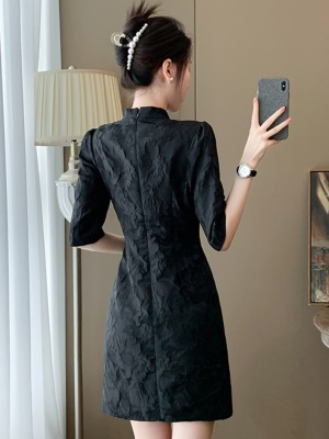 新中式国风中袖连衣裙女春夏2025新款高端气质收腰黑色礼服旗袍裙