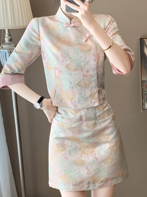 国风旗袍连衣裙两件套装女秋季新款收腰显瘦半身短裙两件套小个子