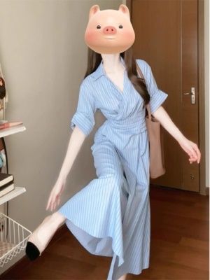 韩系蓝色条纹V领连衣裙气质收腰系带衬衫裙简约通勤显瘦职场长裙