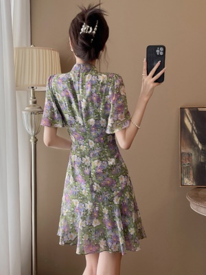 紫色仿真丝鱼尾连衣裙女夏季2025新款高端年轻款雪纺改良旗袍裙潮