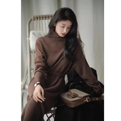 2025秋冬新款毛衣长裙子打底内搭配大衣半高领法式针织连衣裙子女