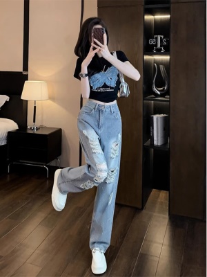 夏装搭配一整套时尚套装女夏季网红炸街高腰破洞牛仔裤两件套时髦