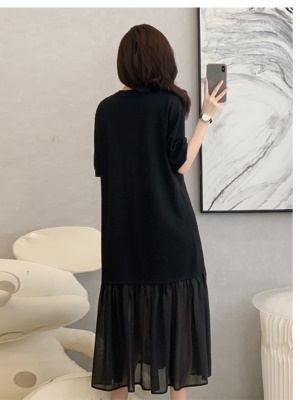 法式赫本风高级感气质连衣裙女夏季黑色网纱拼接遮肉收腰显瘦长裙