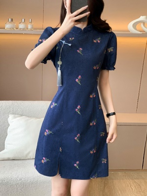 新中式国风立领盘扣改良旗袍连衣裙女小个子收腰显瘦开叉裙短裙夏