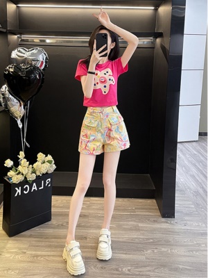 多巴胺休闲运动套装女夏季炸街洋气时尚短袖花色牛仔短裤两件套潮