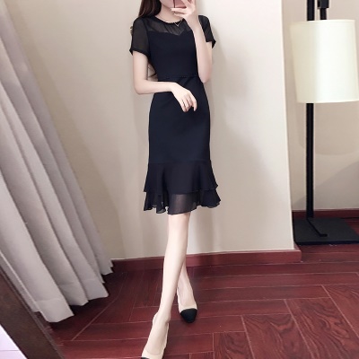 赫本小黑裙轻熟风经典款小个子显瘦气质雪纺拼接鱼尾裙连衣裙女夏