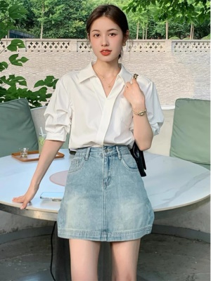 法式白色V领短袖雪纺衬衫女装夏季新款衬衣高级感职业通勤OL上衣