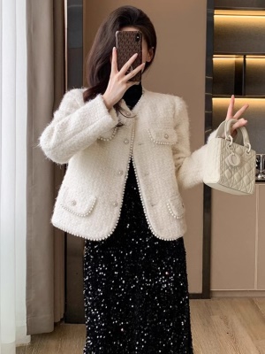 小香风白色毛呢外套女秋冬季小个子洋气加厚法式高级感羽绒服上衣