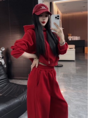 加绒加厚休闲运动两件套秋冬新款宽松保暖连帽红色卫衣阔腿裤套装