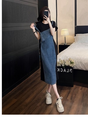 拼接背带假两件牛仔连衣裙女夏季高端气质精致宽松遮肚子显瘦长裙