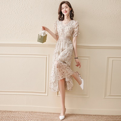 碎花雪纺连衣裙女2025年夏季新款长裙气质名媛法式显瘦收腰长裙子