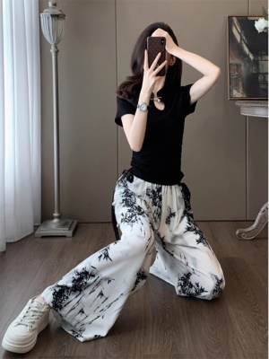 短袖运动休闲中式国风套装女夏季2025时尚雪纺阔腿裤子两件套洋气