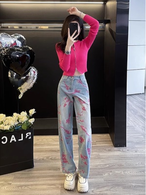 秋季多巴胺玫红色时尚套装早秋穿搭长袖上衣阔腿牛仔裤两件套女装