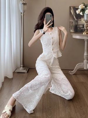 小香风蕾丝时尚职业套装女夏季洋气显瘦气质无袖背心阔腿裤两件套
