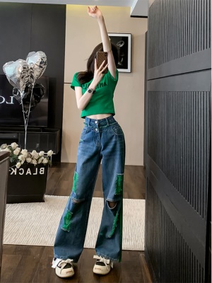 潮牌休闲时尚套装女夏新款洋气显瘦百搭T恤破洞牛仔阔腿裤两件套