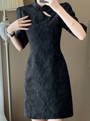 新中式国风中袖连衣裙女春夏2025新款高端气质收腰黑色礼服旗袍裙