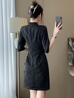 黑色新中式旗袍连衣裙早秋季新款女装气质显瘦国风礼服裙子小个子