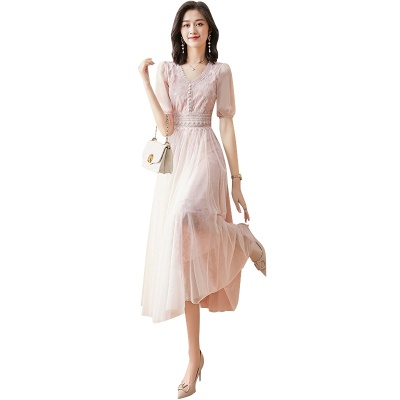 法式网纱连衣裙女2025年夏季新款高端超仙气质收腰显瘦雪纺长裙子