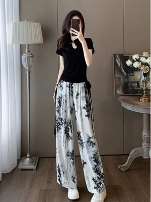 短袖运动休闲中式国风套装女夏季2025时尚雪纺阔腿裤子两件套洋气