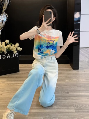 多巴胺蓝色休闲套装女夏季穿搭一整套炸街减龄短袖牛仔阔腿裤两件