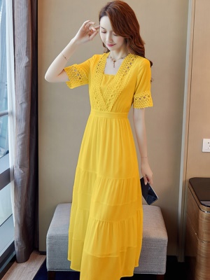 黄色雪纺仙女连衣裙春夏2025新款夏天流行修身显瘦气质茶歇长裙子
