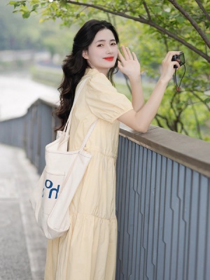 法式温柔风黄色全棉衬衫连衣裙仙女装夏季新款中长款收腰短袖裙子