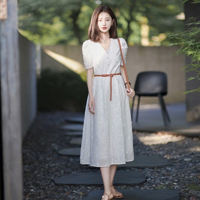 白色连衣裙女夏装法式纯棉气质名媛高级感夏季仙女V领长裙子夏天