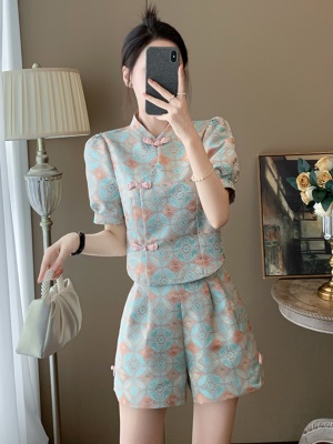 新中式国风刺绣套装女小个子高级感短袖上衣阔腿短裤两件套春秋夏