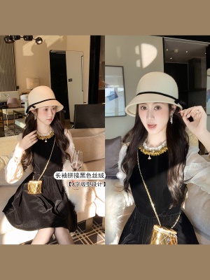 法式拼接撞色丝绒连衣裙女春秋新款小黑色打底裙子