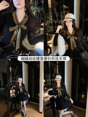 名媛蝴蝶结针织连衣裙女春秋新款小黑裙百褶打底裙子