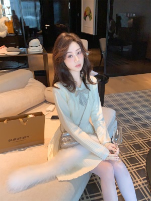 「柔情雅致」新款百褶针织连衣裙女春装名媛打底裙子