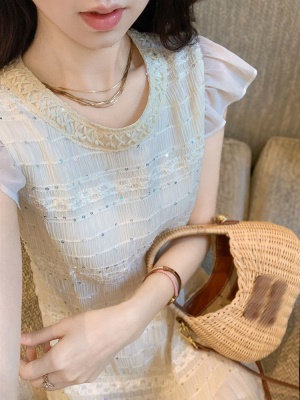 白色网纱拼接连衣裙女2025春夏新款仙女裙绝美长裙子