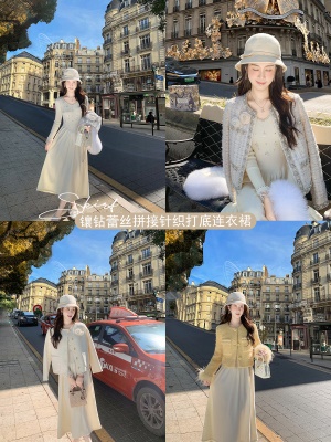 小香风镶钻针织连衣裙女春秋新款蕾丝拼接修身打底裙